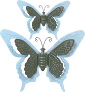 Mega Collections Tuin/schutting decoratie vlinders - metaal - blauw - 24 x 18 cm - 46 x 34 cm