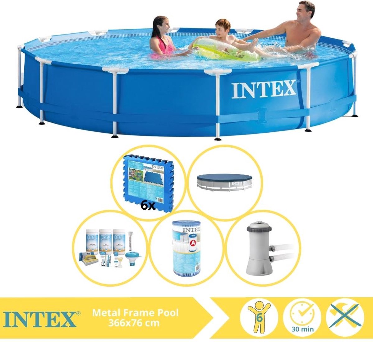 Intex Rond Frame Zwembad – 366 x 76 cm – Blauw – Inclusief Afdekzeil – Onderhoudspakket – Zwembadfilterpomp – Filter – Vloertegels – 6-delig Intex Rond Frame Zwembad – 366 x 76 cm – Blauw – Inclusief Afdekzeil – Onderhoudspakket – Zwembadfilterpomp – Filter – Vloertegels – 6-delig