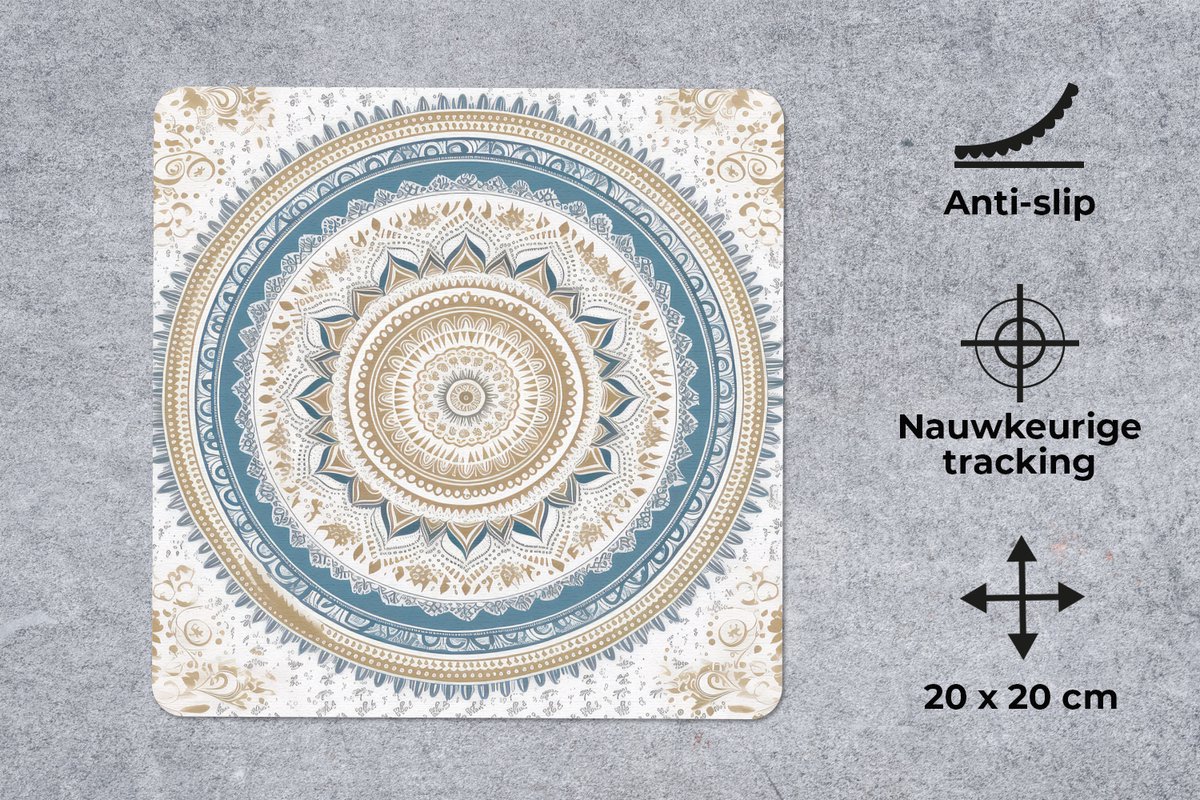 Muismat 20x20 cm - Mousepad Mandala - Blauw - Bohemian - Wit - Design - Muismatten