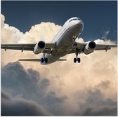 Poster Glanzend – Wit Passagiersvliegtuig Vliegend vanuit Dicht Wolkendek - 50x50 cm Foto op Posterpapier met Glanzende Afwerking