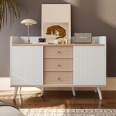 Modern Dressoir kast met drie laden-Valbescherming Buffet Dressoir voor slaapkamer en woonkamer-Natuurlijke houtnerf kleur dressoir met opbergplanken-H80/L117,5/T40 cm