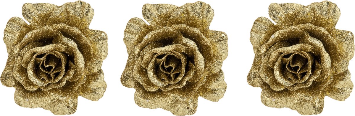 Cosy & Trendy Roos goud glitter op clip - 4x stuks - 10 cm - decoratie bloem - kerstversiering Goudkleurig