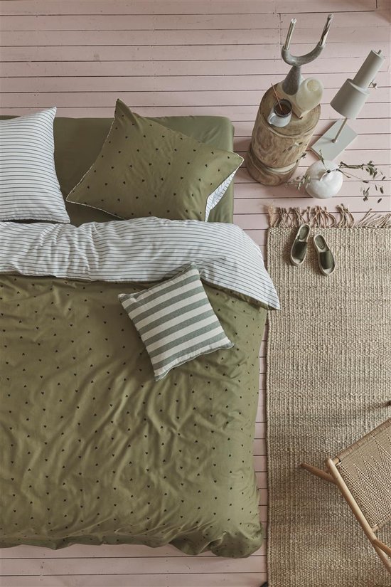vtwonen Housse de Couette Coeurs Rayés - Vert - 240 x 200/220 cm + 2x 60 x 70 cm