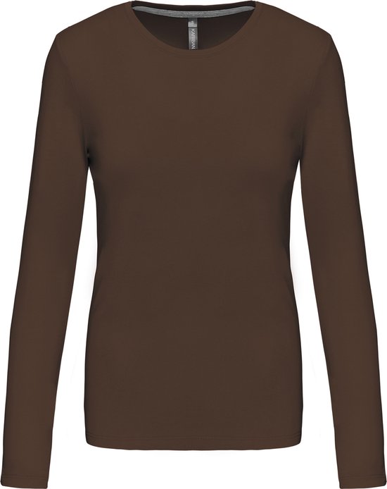 Bruin dames T-shirt met ronde hals en lange mouwen.