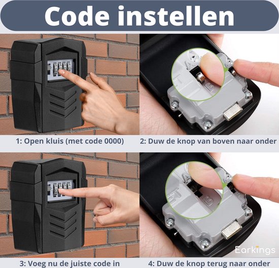 Handleiding: code instellen. Stap 1: Open kluis (code 0000). Stap 2: Duw knop. Stap 3: Voeg code toe. Stap 4: Duw knop terug.