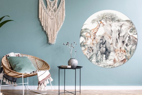 WallCircle - Papier peint cercle - Stickers muraux chambre d'enfant - Animaux - Jungle - Aquarelle - Enfants - Sticker mural - Décoration murale ronde - Sticker papier peint - Stickers muraux ronds - 120x120 cm - Stickers muraux - Sticker mural