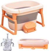 FOXSPORT Baignoire bébé Pliable - 4 en 1 - Panier de rangement - Coussin de bain inclus - Baignoire Bébé Antibacterieel - Avec tabouret de bain - Baignoire assise - Seau de bain - Oranje