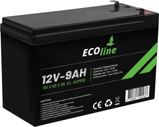 EcoLine - Batterie AGM 12V - 9AH VRLA - 151 x 65 x 95 - Batterie à décharge profonde