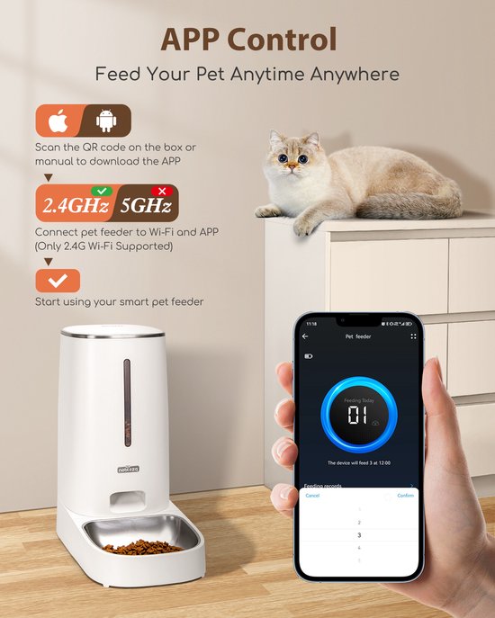 Nobleza Automatische voerbak - Voerautomaat voor honden en katten - Smartphone besturing - Voerdispenser - 4L - Wit - Nobleza