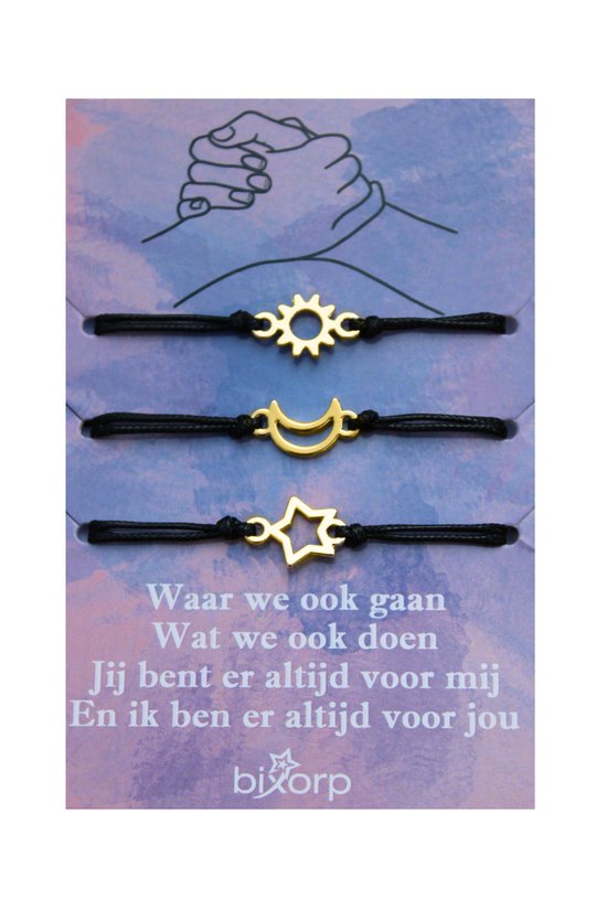 Bixorp Friends Vriendschapsarmbandjes voor 3 met Goudkleurige Zon, Maan & Ster - BFF Armband
Meisjes - Best Friends Armband Vriendschap Cadeau voor Drie