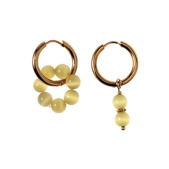 ∅19mm Boucles d'oreilles Femme - Natuursteen Oeil de Chat Jaune - Acier Inoxydable Plaqué Or - Boucles d'oreilles avec Pendentifs Perles