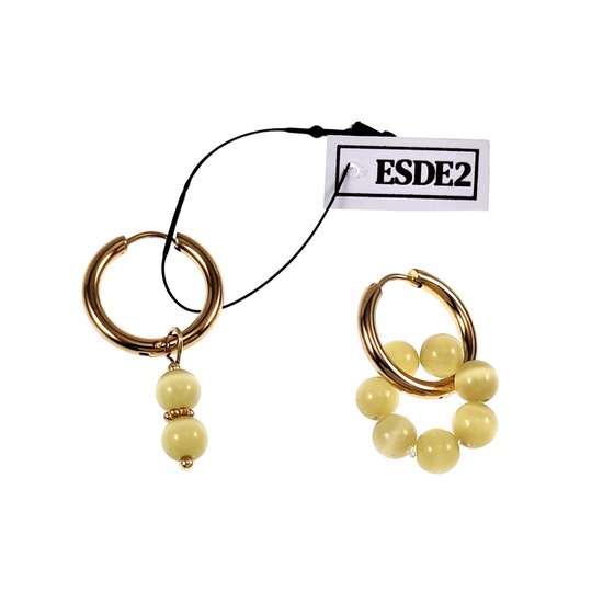 ∅19mm Boucles d'oreilles Femme - Natuursteen Oeil de Chat Jaune - Acier Inoxydable Plaqué Or - Boucles d'oreilles avec Pendentifs Perles