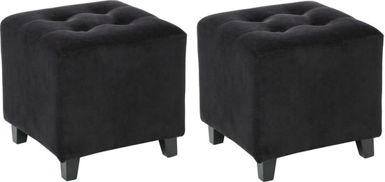 Atmosphera Zit krukje/bijzet stoel/poef - 2x - hout/stof - zwart fluweel - D35 x H35 cm