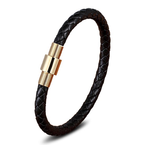 Leren armband met magnetische sluiting 21cm van Mauro Vinci Dadu magnetic zwart goud- met geschenkverpakking