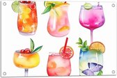 Tuinposter – Waterverf Tekening van Verschillende Kleuren Cocktails op Witte Achtergrond - 75x50 cm Foto op Tuinposter (wanddecoratie voor buiten en binnen)