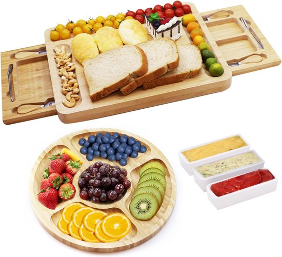Recalma Bamboe Tapasplank Met 4 Lagen En 2 Kaasmesjes - Ronde Serveerplank Voor Hapjes En Borrel
