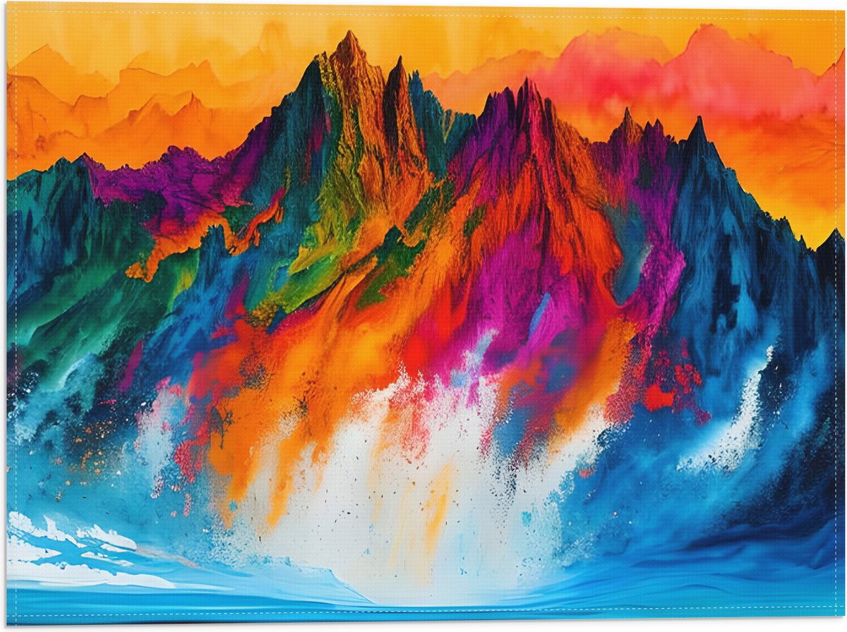 Vlag - Waterverf Tekening van Kleurrijke Bergen onder Oranje Lucht - 40x30 cm Foto op Polyester Vlag
