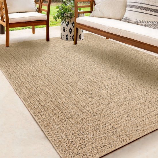 Karpet24 Kenzy Tapis d'extérieur aspect jute| Rectangulaire à motif carré| aspect naturel pour jardin, balcon ou terrasse | Tapis de jardin résistant aux intempéries et aux UV - 140 x 200 cm