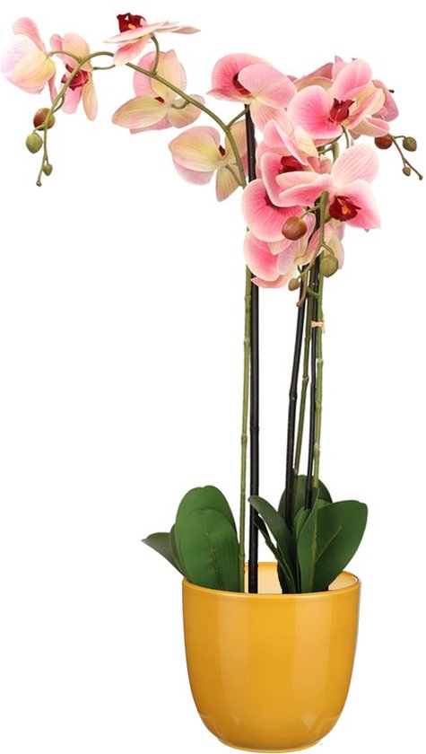 Orchidee kunstplant roze - 75 cm - inclusief bloempot okergeel glans - Kunstbloemen in pot