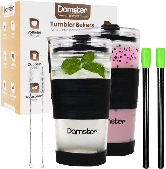 Damster® Tumbler glazen - Bubble tea bekers - 500 ml - Met Bubble tea rietjes - Dubbelwandig glas - Set van 2