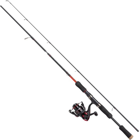 Een Abu Garcia Cardinal X spinmolen combo met een zwarte en rode hengel.
