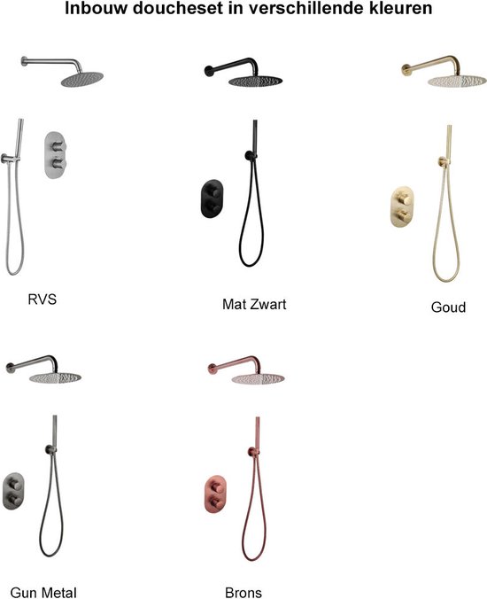 Inbouw douchesets in verschillende kleuren: RVS, Mat Zwart, Goud, Gun Metal, Brons.