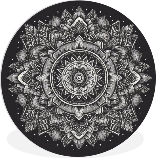 WallCircle - Wall Circle - Wall Circle Indoor - Mandala - Zwart et Blanc - Fleurs - Bohème - Nature - 90x90 cm - Décoration murale - Peintures Ronds