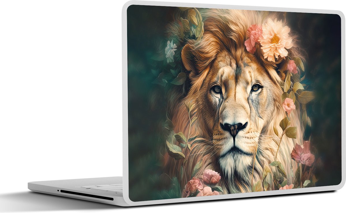 Laptop sticker - 12.3 inch - Leeuw - Leeuwenkop - Wilde dieren - Bloemen - 30x22cm - Laptopstickers - Laptop skin - Cover