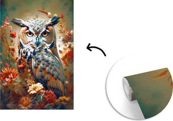 Behang - Fotobehang Uil - Vogel - Bloemen - Planten - Botanisch - Breedte 160 cm x hoogte 240 cm