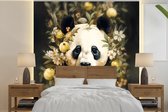 Behang - Fotobehang Panda - Pandabeer - Wilde dieren - Natuur - Bloemen - Breedte 300 cm x hoogte 300 cm