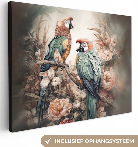 Canvas Schilderij Papegaaien - Vogels - Natuur - Bloemen - 80x60 cm - Wanddecoratie