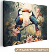 Canvas Schilderij Toekan - Vogels - Bloemen - Natuur - Jungle - 80x60 cm - Wanddecoratie