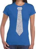 Blauw fun t-shirt met stropdas in glitter zilver dames XL