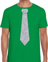 Groen fun t-shirt met stropdas in glitter zilver heren M