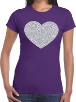 Zilveren hart glitter t-shirt paars dames XS