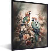 Fotolijst incl. Poster - Papegaaien - Vogels - Natuur - Bloemen - 60x80 cm - Posterlijst