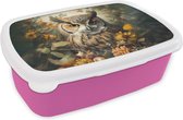 Broodtrommel Roze - Lunchbox - Brooddoos - Uil - Vogels - Bloemen - Natuur - 18x12x6 cm - Kinderen - Meisje