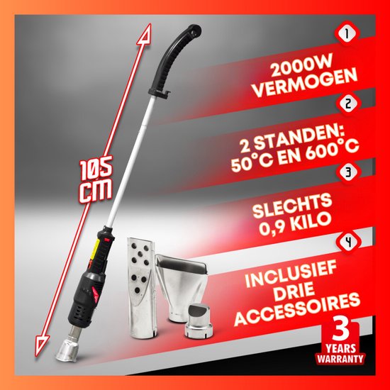 Elektrische onkruidbrander met lange steel, accessoires en specificaties.