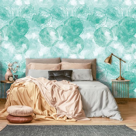 Fotobehang - Vlies Behang - Turquoise bloemen - Kunst - 460 x 300 cm