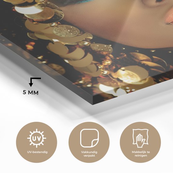 MuchoWow® Glasschilderij 90x90 cm - Schilderij acrylglas - Vrouw - Cleopatra - Goud - Sieraden - Make up - Luxe - Foto op glas - Muurdecoratie woonkamer - Wanddecoratie slaapkamer - Schilderijen
