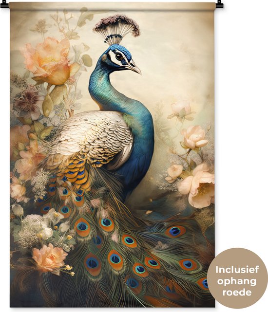 Wandkleed - Wanddoek - Pauw - Pauwenveren - Bloemen - Vogels - Botanisch - 90x135 cm - Wandtapijt