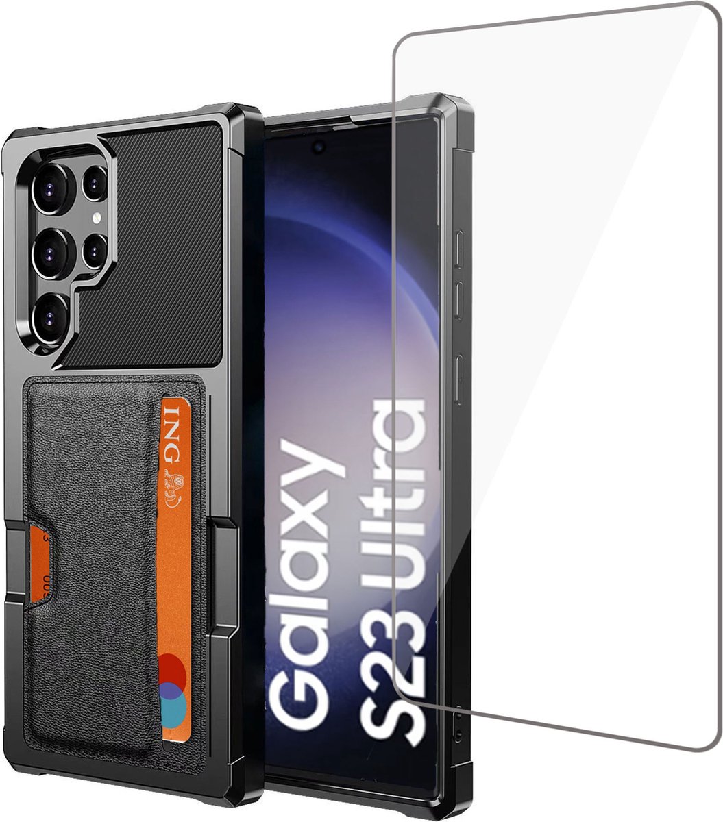 Pasjes houder Hoesje geschikt voor Samsung S23 Ultra + Screenprotector voor Samsung S23 Ultra - Heavy Duty Case - Magnetisch Portemonnee Hoesje Cover - Gehard Glas Cover - Zwart
