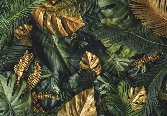 Papier peint photo Peint Intissé - Feuilles Vertes et Or - Jungle - Botanique - 184 x 254 cm