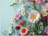 Poster Glanzend – Verschillende Kleuren en Soorten Bloemen op Pastelblauwe Achergrond - 40x30 cm Foto op Posterpapier met Glanzende Afwerking