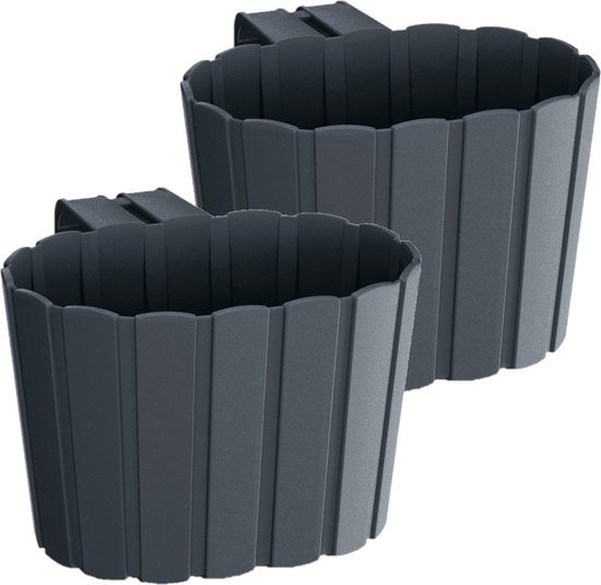 Set de 2 x pots de fleurs / pots de balcon en plastique avec crochet gris anthracite 19 cm - Décorations de Jardin/ balcon