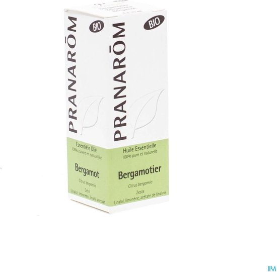 Doos met biologische bergamot essentiële olie, met PRANAROM logo en bio-certificering.