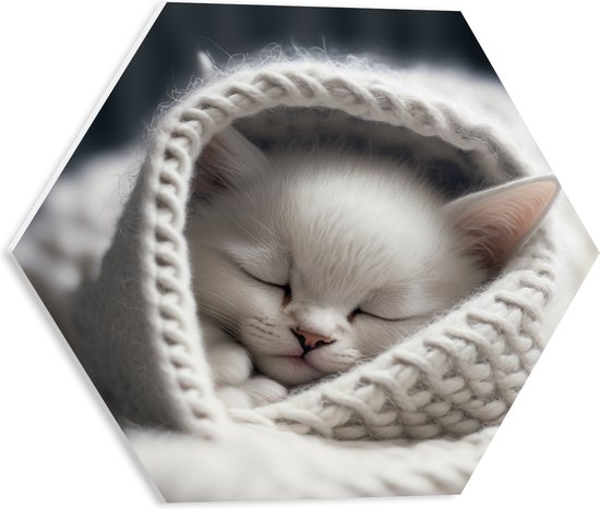 PVC Schuimplaat Hexagon - Witte Kitten in Gebreide Sjaal - 40x34.8 cm Foto op Hexagon (Met Ophangsysteem)