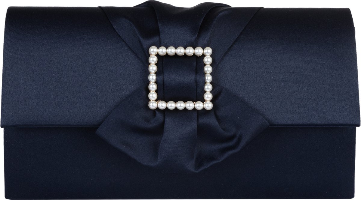 Bow envelop voor Dames / Schoudertas - Satijn met parel gesp - Donkerblauw/ Avondtasje met schouderriem/ Effen Clutch handtasjes