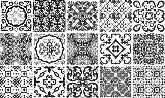 Ulticool Decoratie Sticker Tegels - Zwart Wit Patroon Marokkaans - 15x15 cm - 15 stuks Plakfolie Tegelstickers - Plaktegels Zelfklevend - Badkamer - Keuken