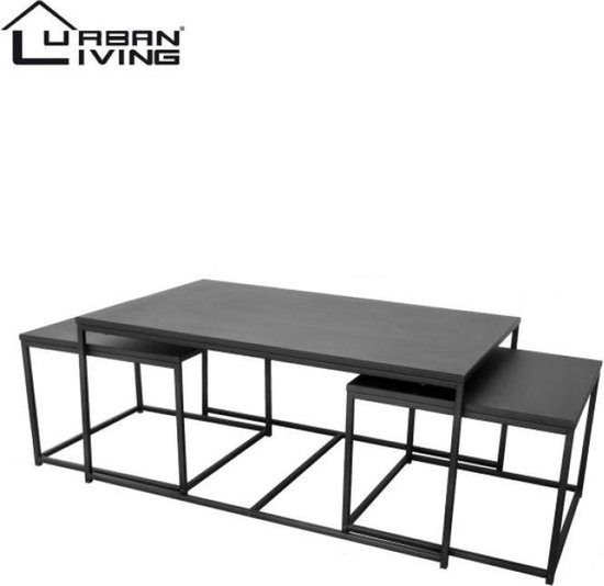 Trois tables basses noires, une grande rectangulaire et deux petites carrées, imbriquées.